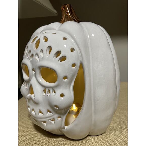 Halloween White Ceramic Lighted 11” Tall Sugar Skull Pumpkin Decoration - Picture 4 of 8